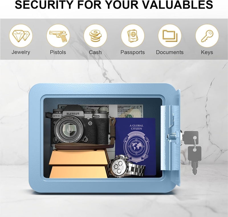 Marcree Mini Safe Box, 0.23 Cub Home Safes for Kids, Steel Money Box with Key Lock, Small Safes for Money Cash Valueables, Stylish Security Safe for Gifts, 6.69 x 9.06 x 6.69 Inches, Blue - Image 5